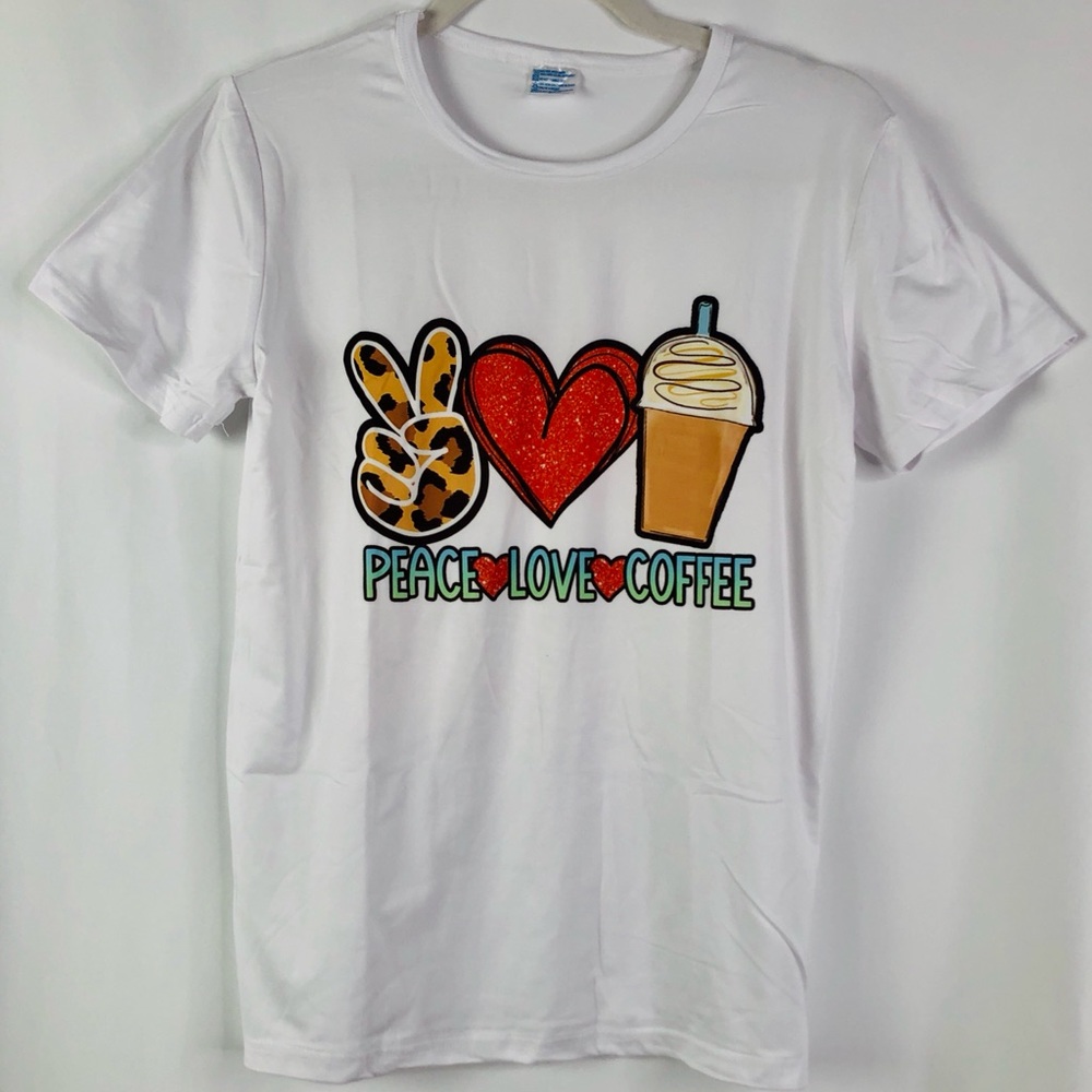 Fun for fall! Peace, Love, Coffee white t-shirt